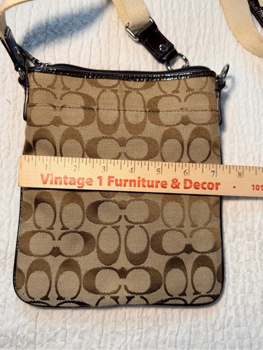 Coach Signature Heritage Stripe Swingback Crossbody – Brown Patent Leather Trim